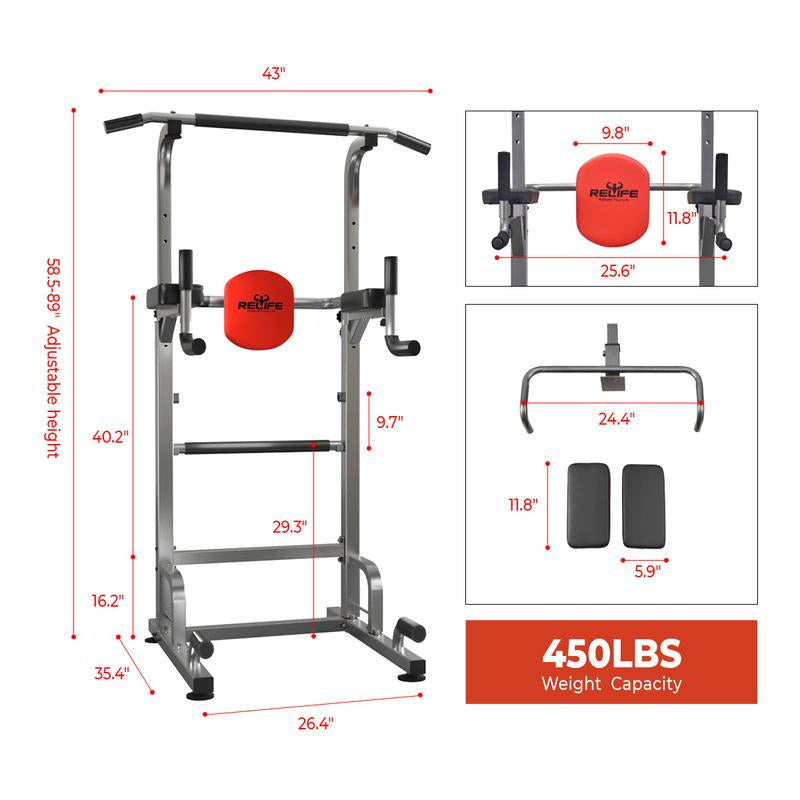 Relifesports 2025 Power Tower Dip Station Pull-Up Push-Up Station Multi-Function Home Gym Strength Training Fitness Equipment 450LBS